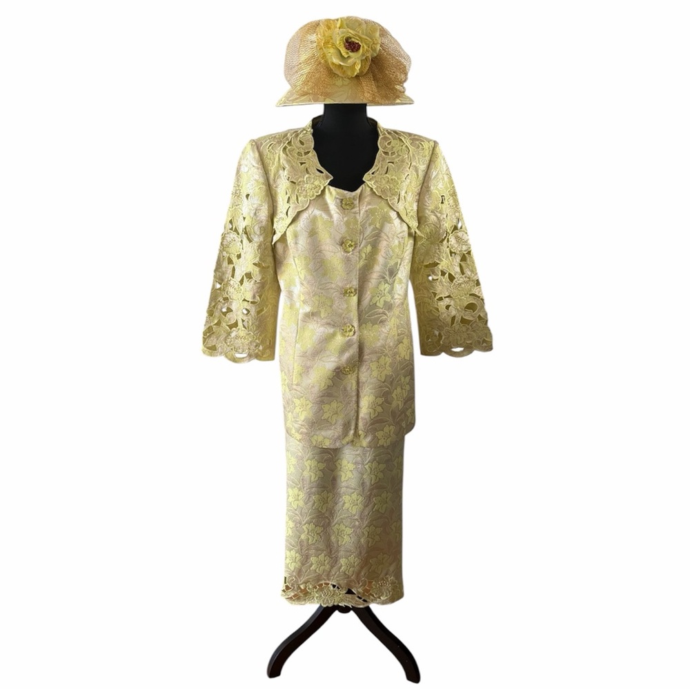 Donna Vinci Couture Lemon Lime Floral Metallic Brocade Skirt Suit, Hat&Purse 16
